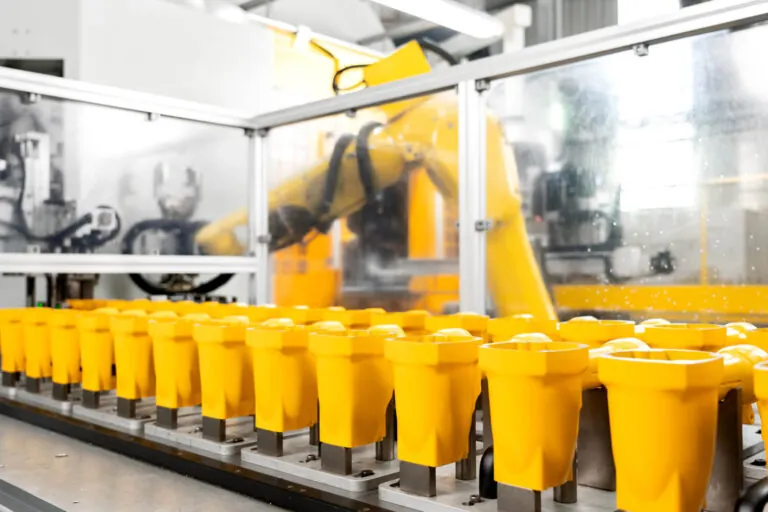 Automated material handling system for aluminum die cast housings undergoing secondary CNC machining processes.