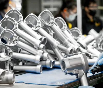 High-volume assembly line of aluminum pneumatic tool handles, showcasing JoinCast’s ability to mass-produce lightweight, high-strength tool bodies.